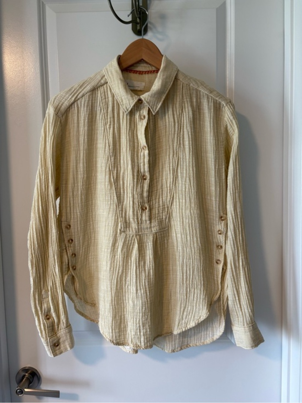 Anthropologie Cotton Gauze Popover Top Yellow Cream Striped Size Small